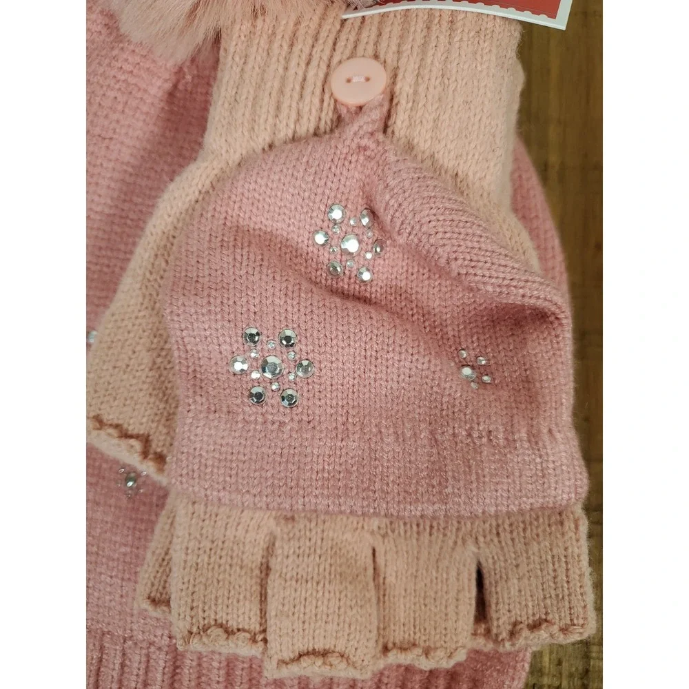 Rhinestone Snowflakes Hat & Gloves Set - Rose Open Finger Texting Women's NEW